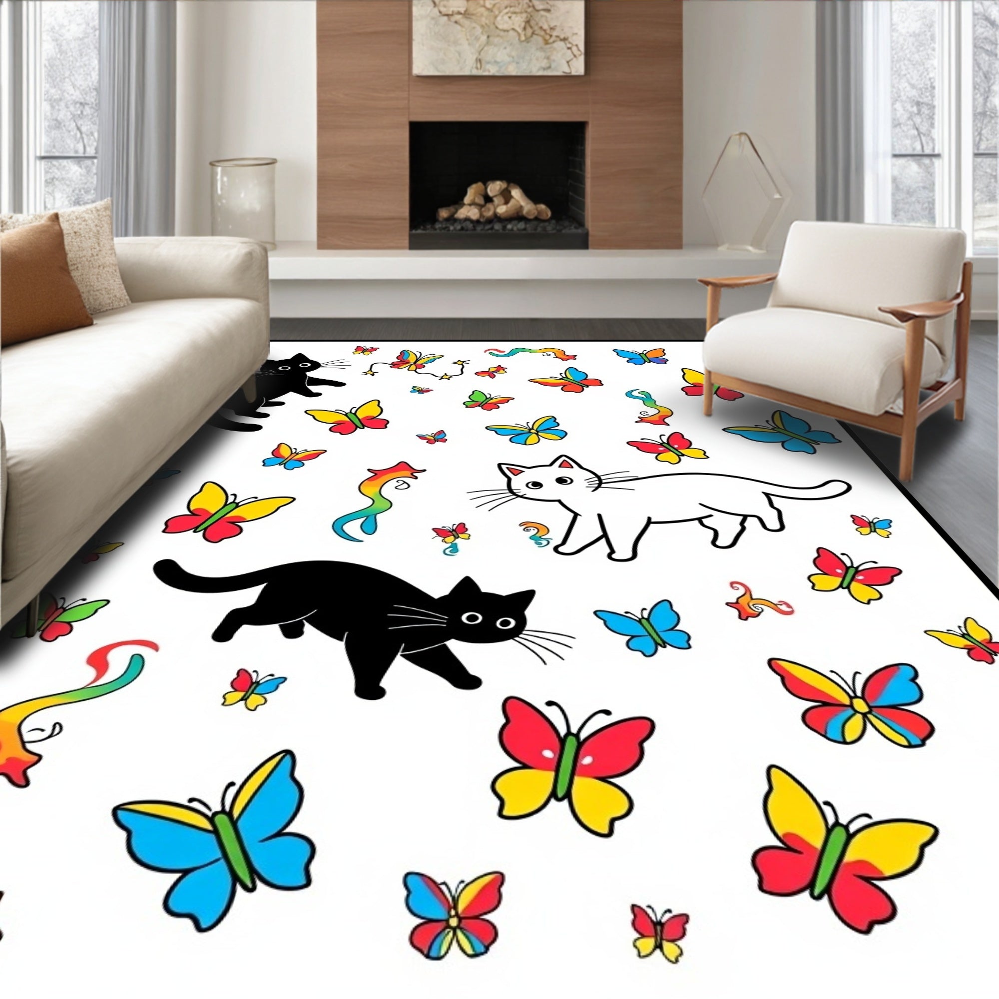 Playful Black White Cats Butterflies Rainbows Rug