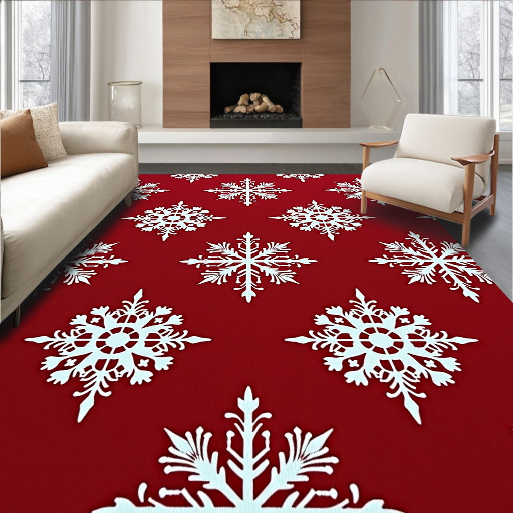 White Snowflake Holiday Red Rug