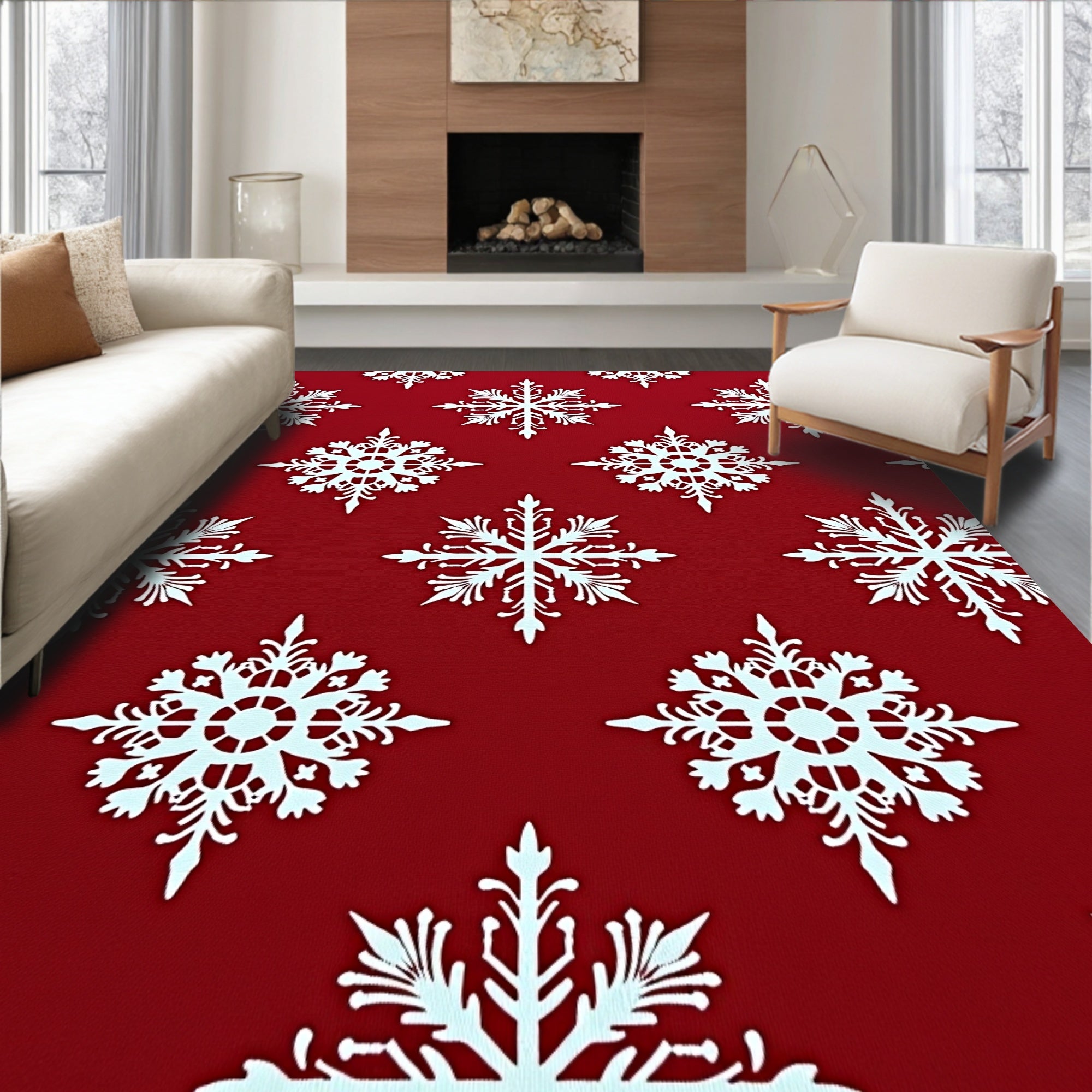White Snowflake Holiday Red Rug