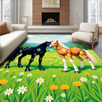 Two Chestnut Black Horses Meadow FlowersRug Rug