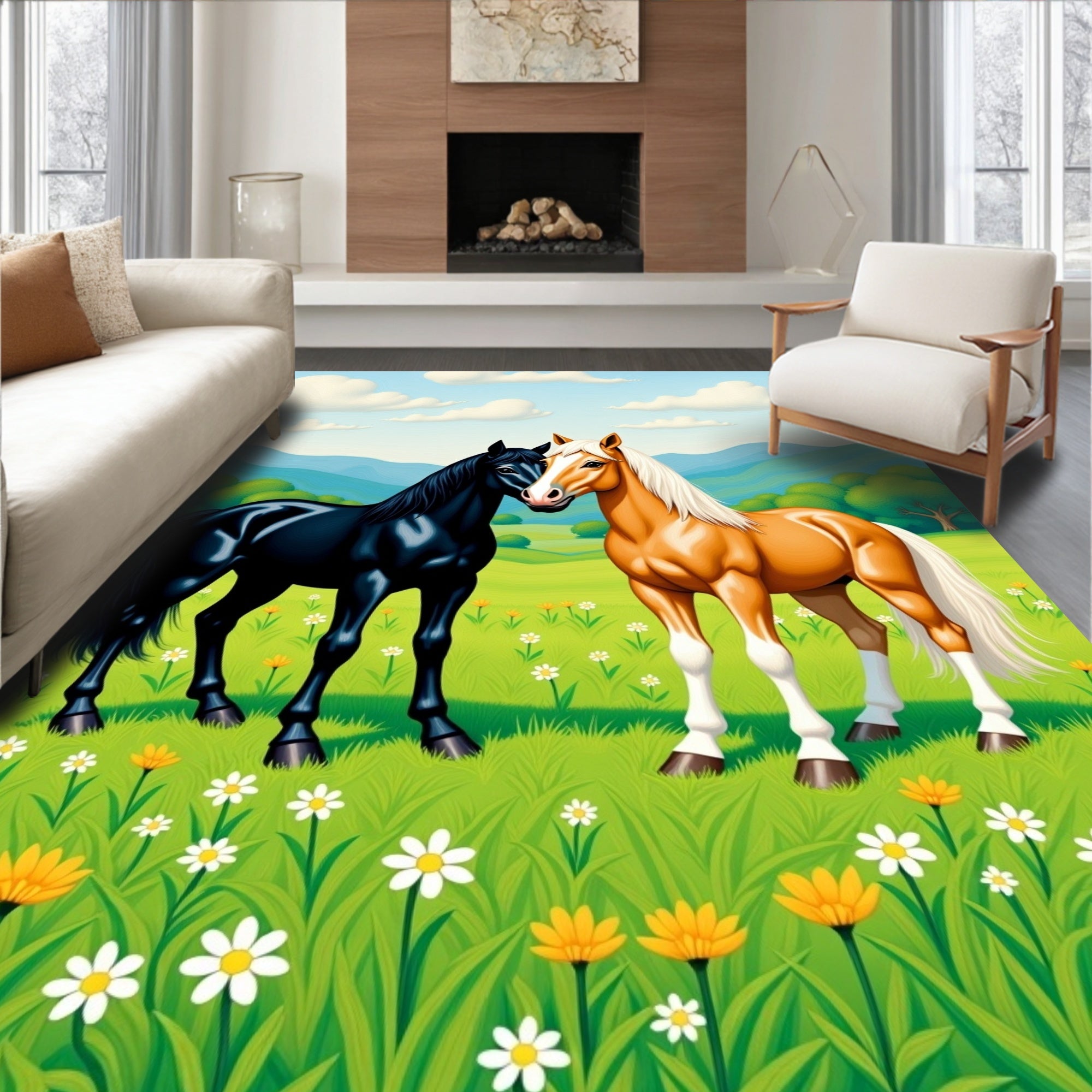 Two Chestnut Black Horses Meadow FlowersRug Rug
