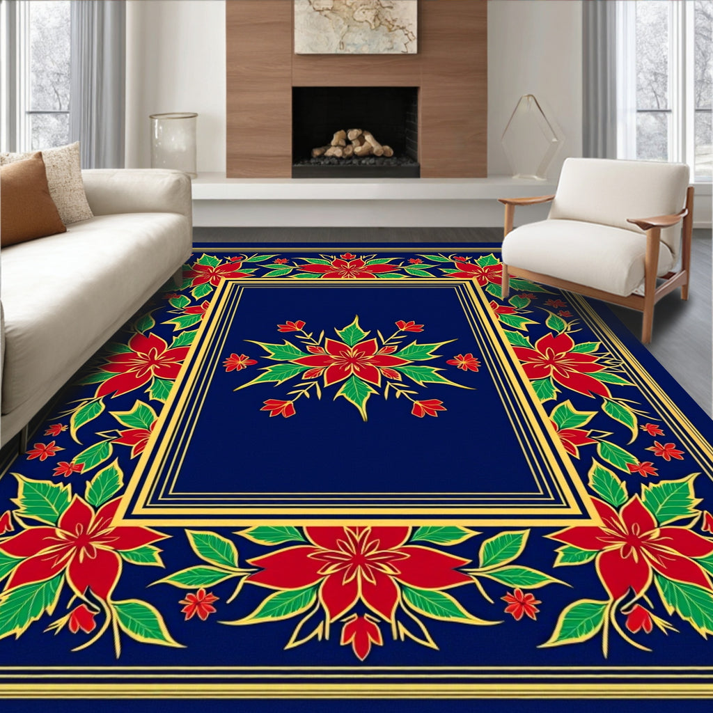 Red Poinsettia Floral Border Frame Rug