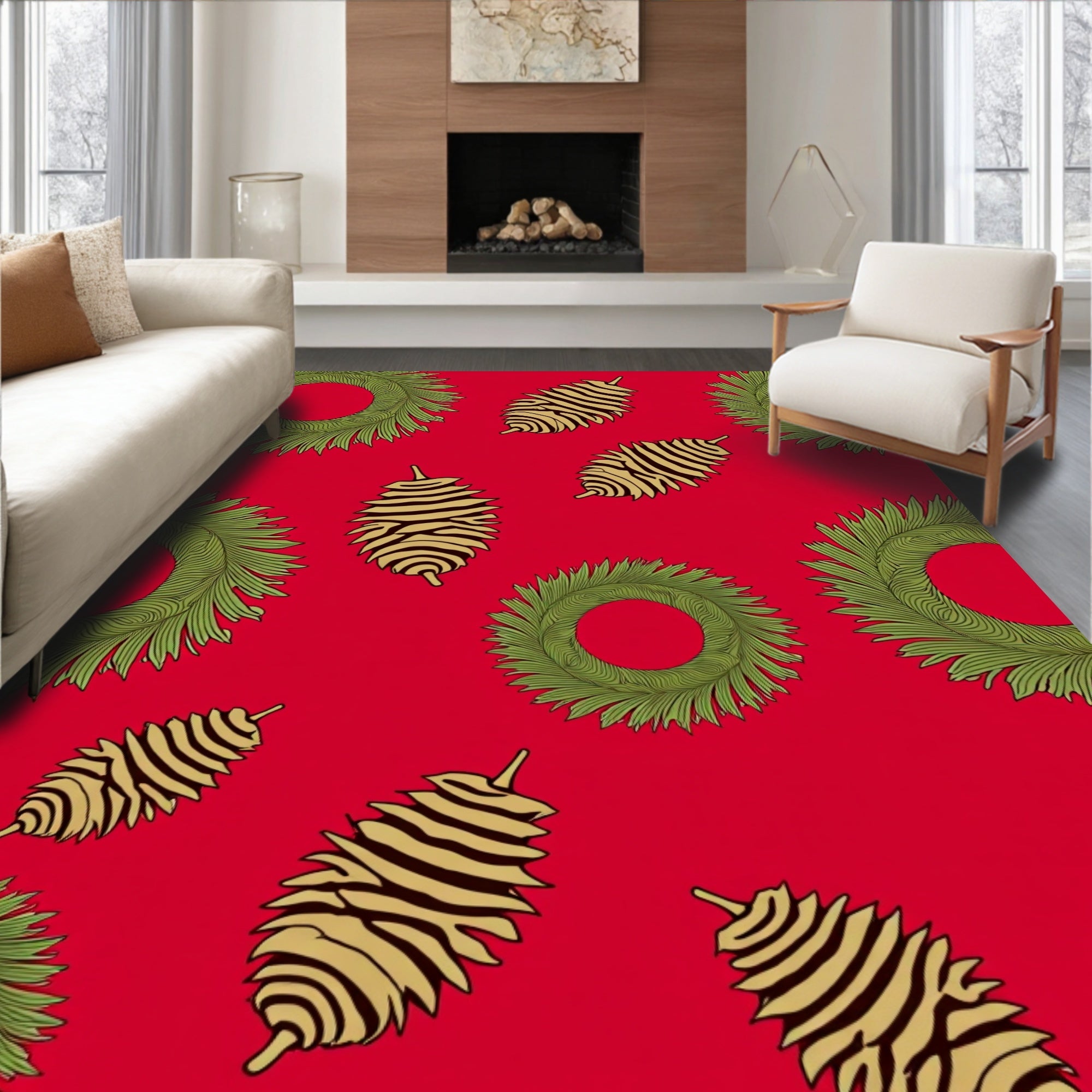Festive Green Wreath Pinecone Holiday Rug