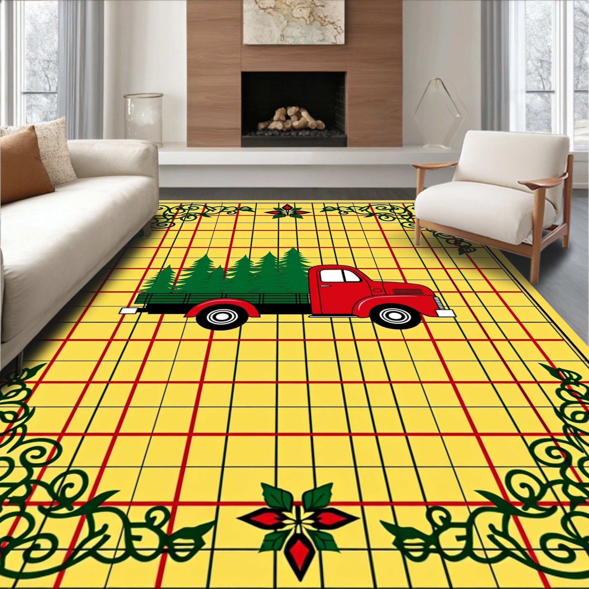 Red Truck Christmas Trees Yellow Plaid Rug