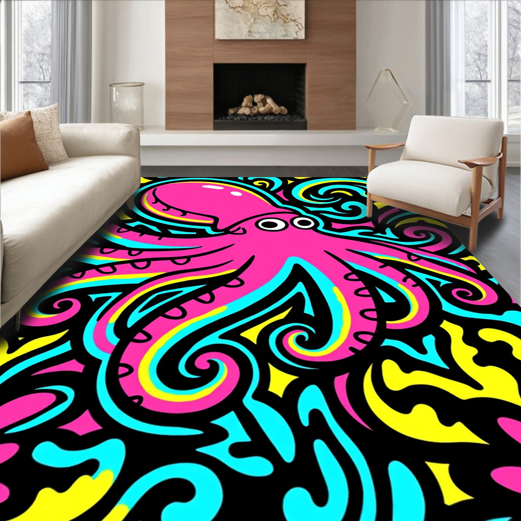 Pink Octopus Swirls Aqua Yellow Rug