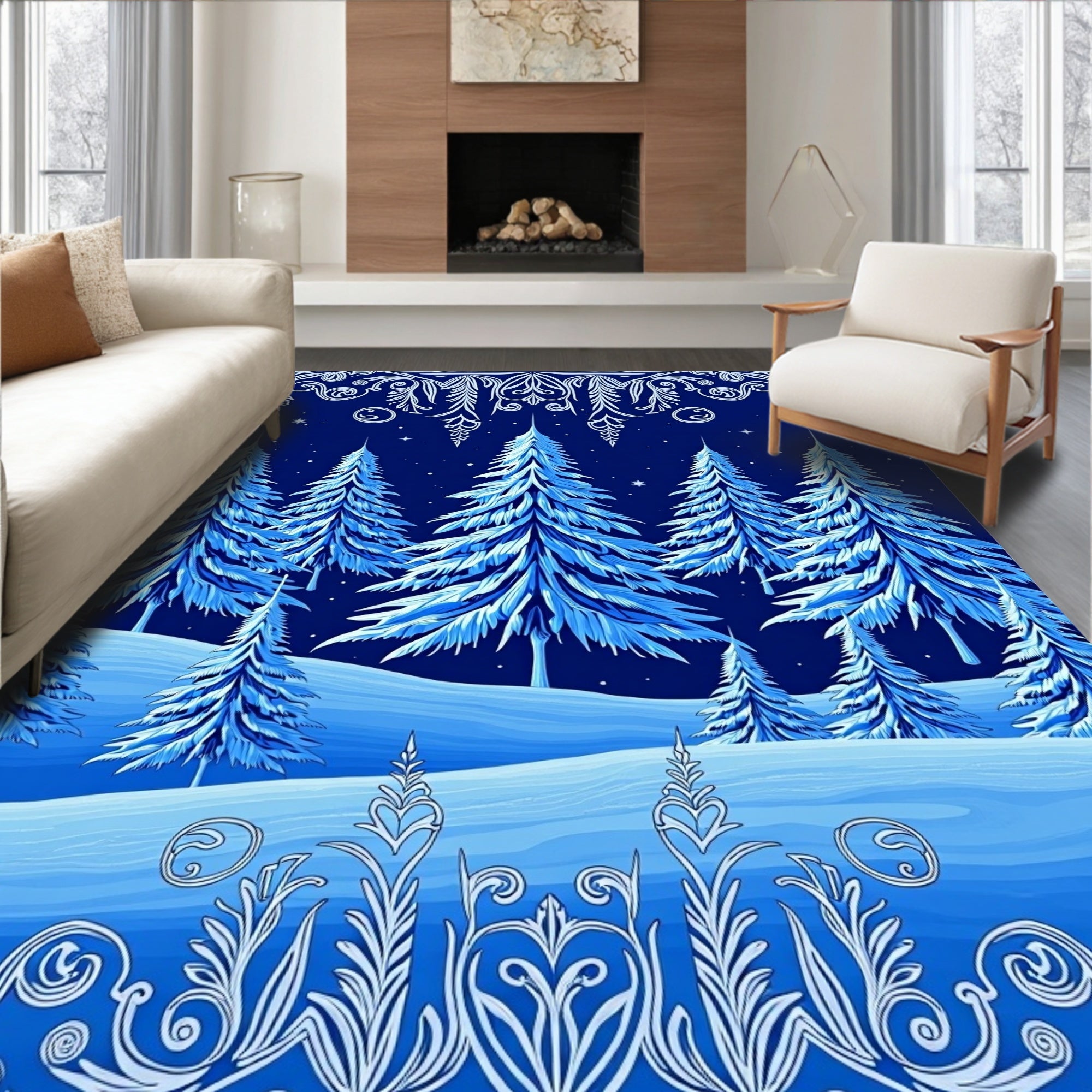 Snowy blue pine forest winter landscape Rug