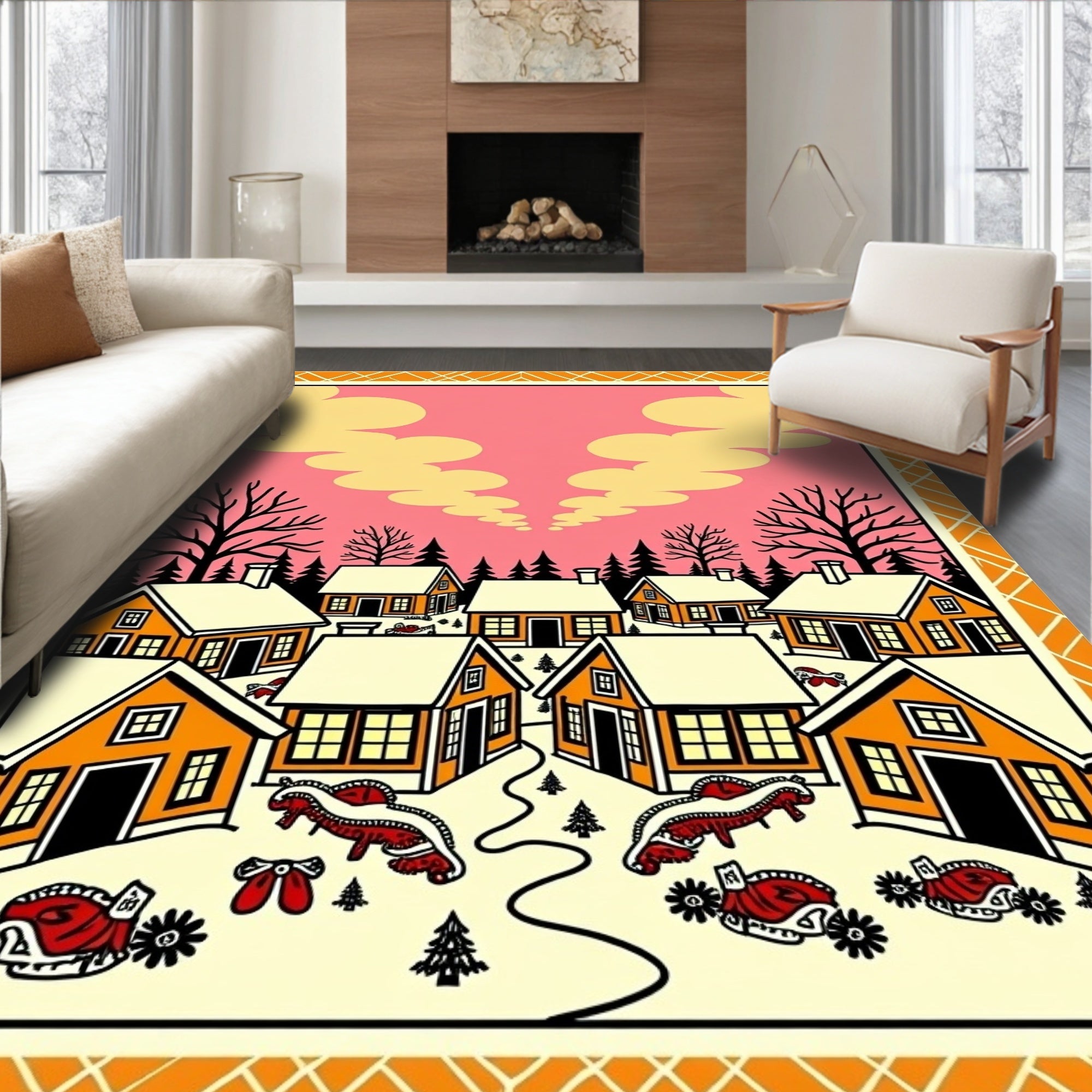 Whimsical Winter Village Orange Houses Rug