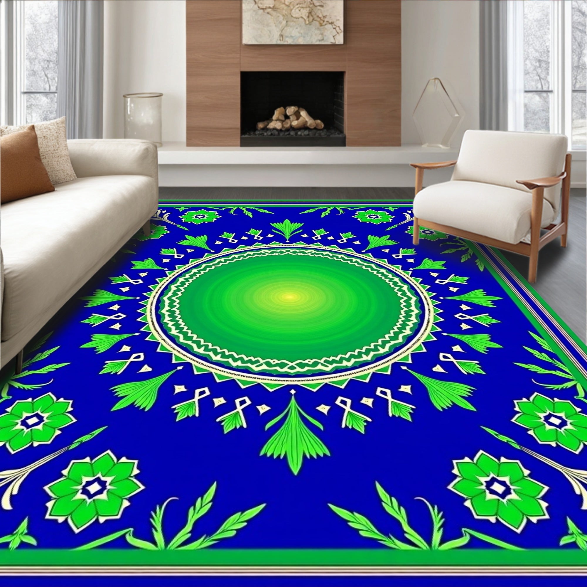 Vibrant Blue Green Floral Medallion Rug