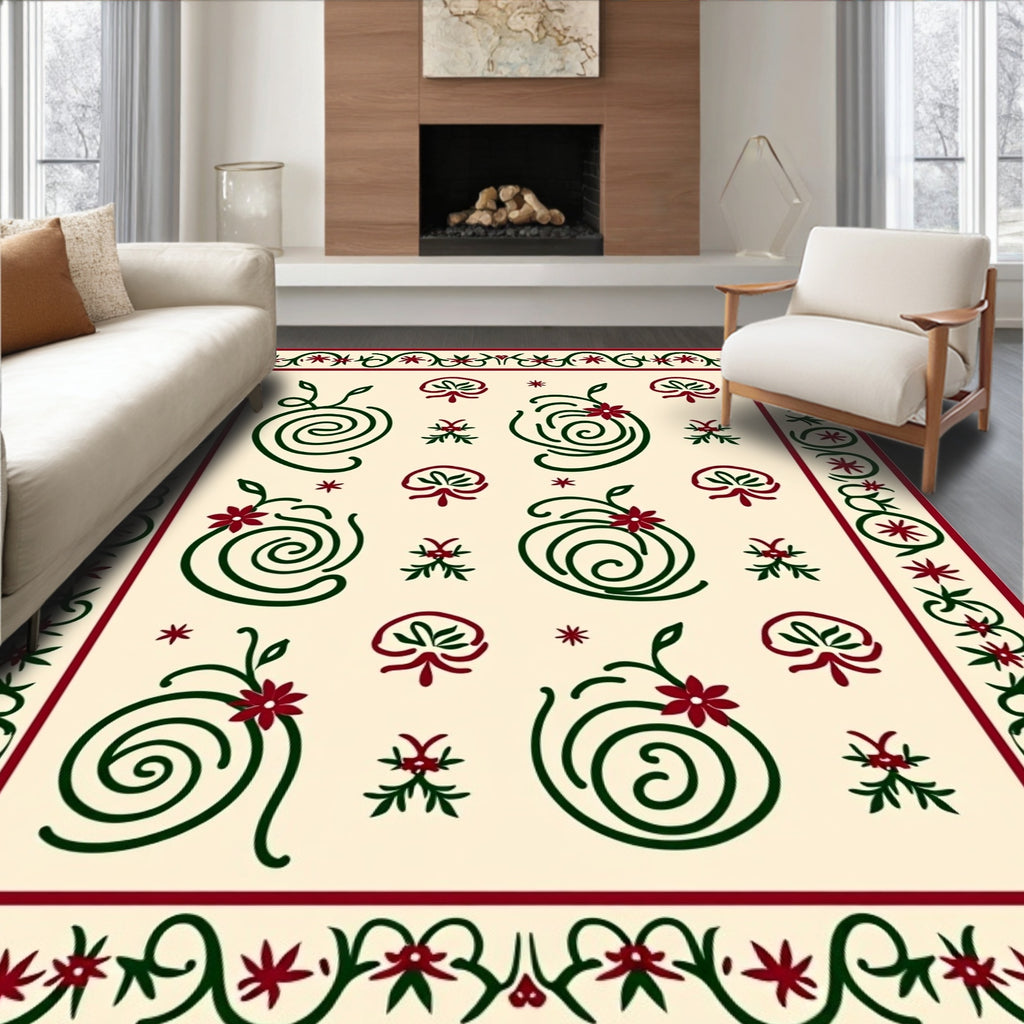 Crimson Green Swirl Floral Border Rug