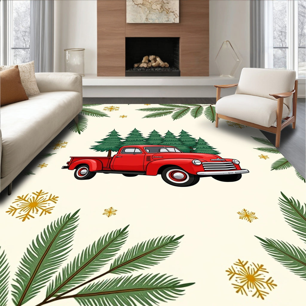 Retro Red Truck Pine Snowflakes Rug