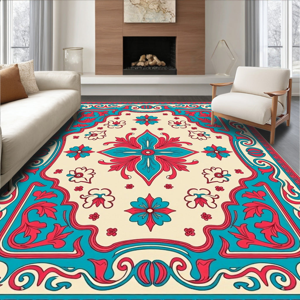Teal Red Floral Medallion Ivory Rug