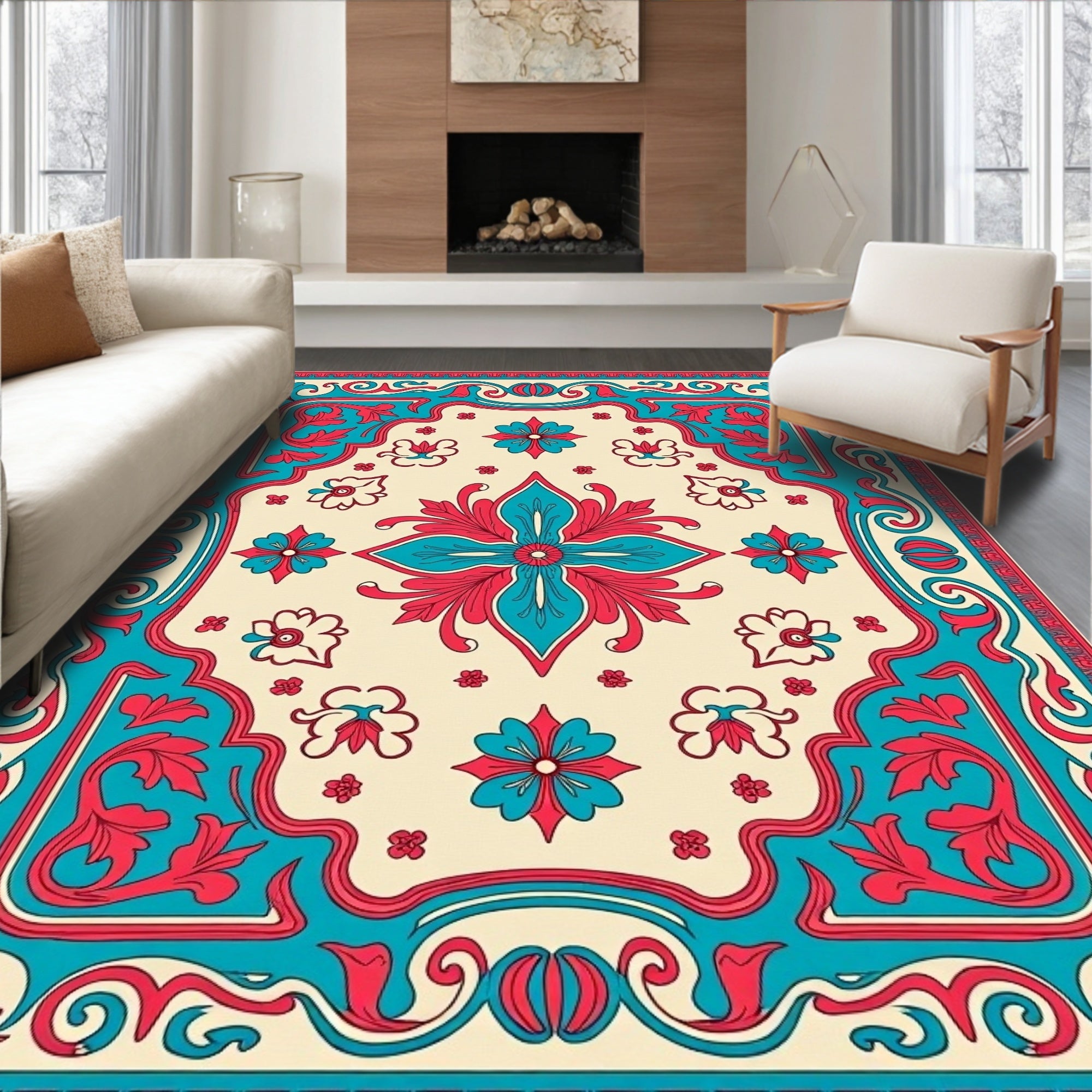 Teal Red Floral Medallion Ivory Rug