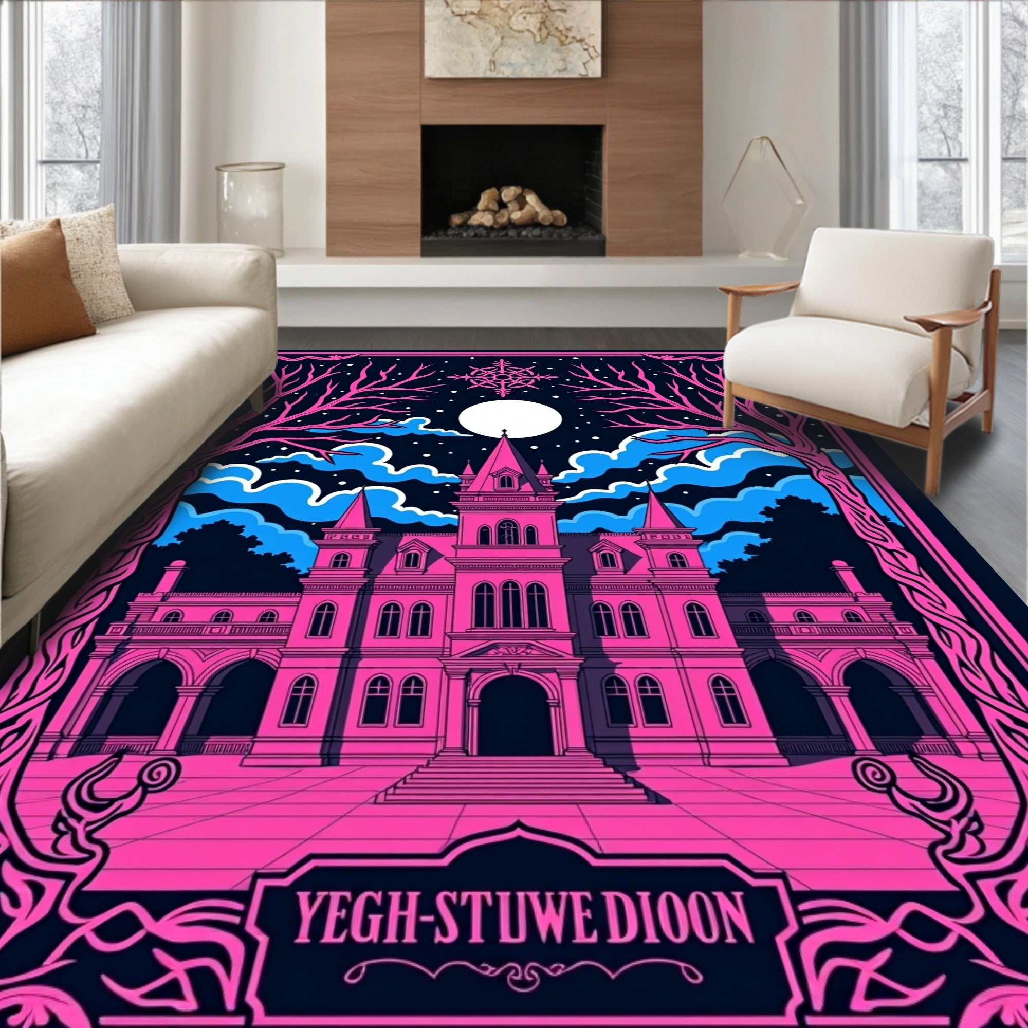 Enchanted Pink Castle Night Sky Rug