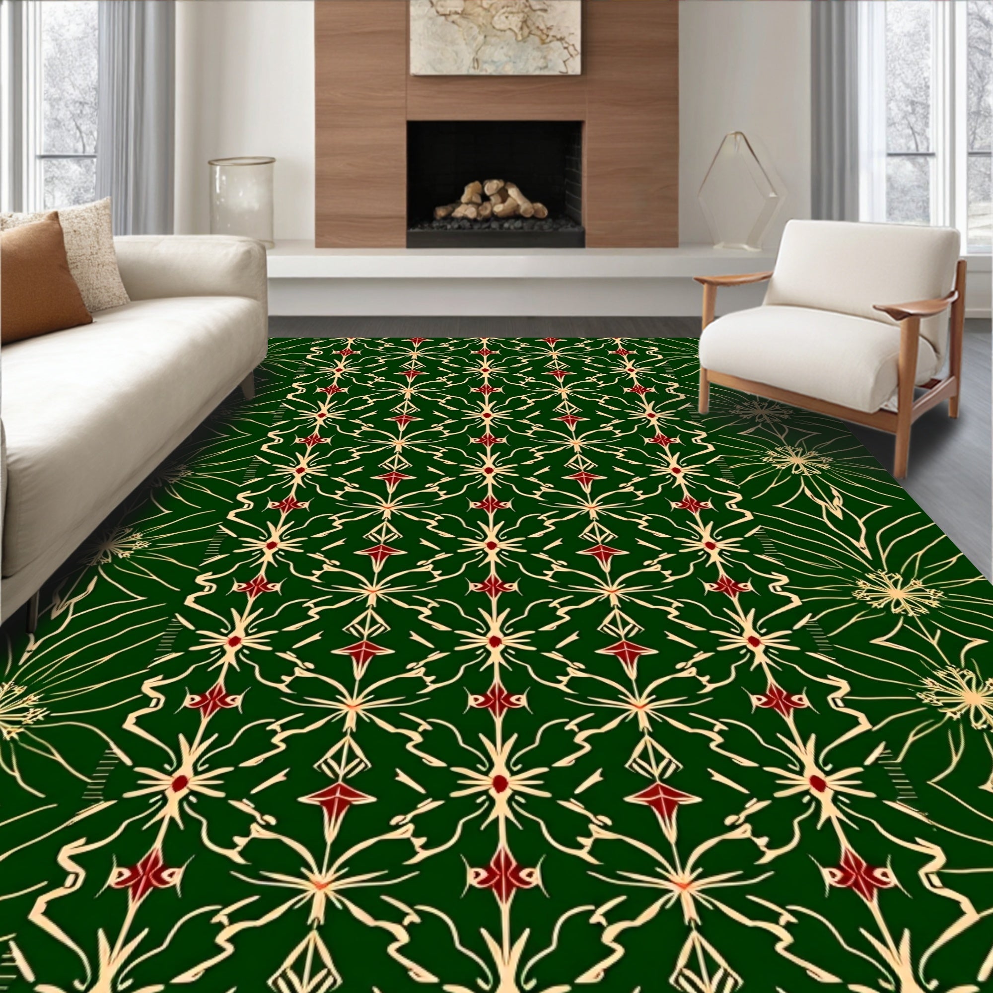 Emerald Green Gold Red Starburst Motif Rug