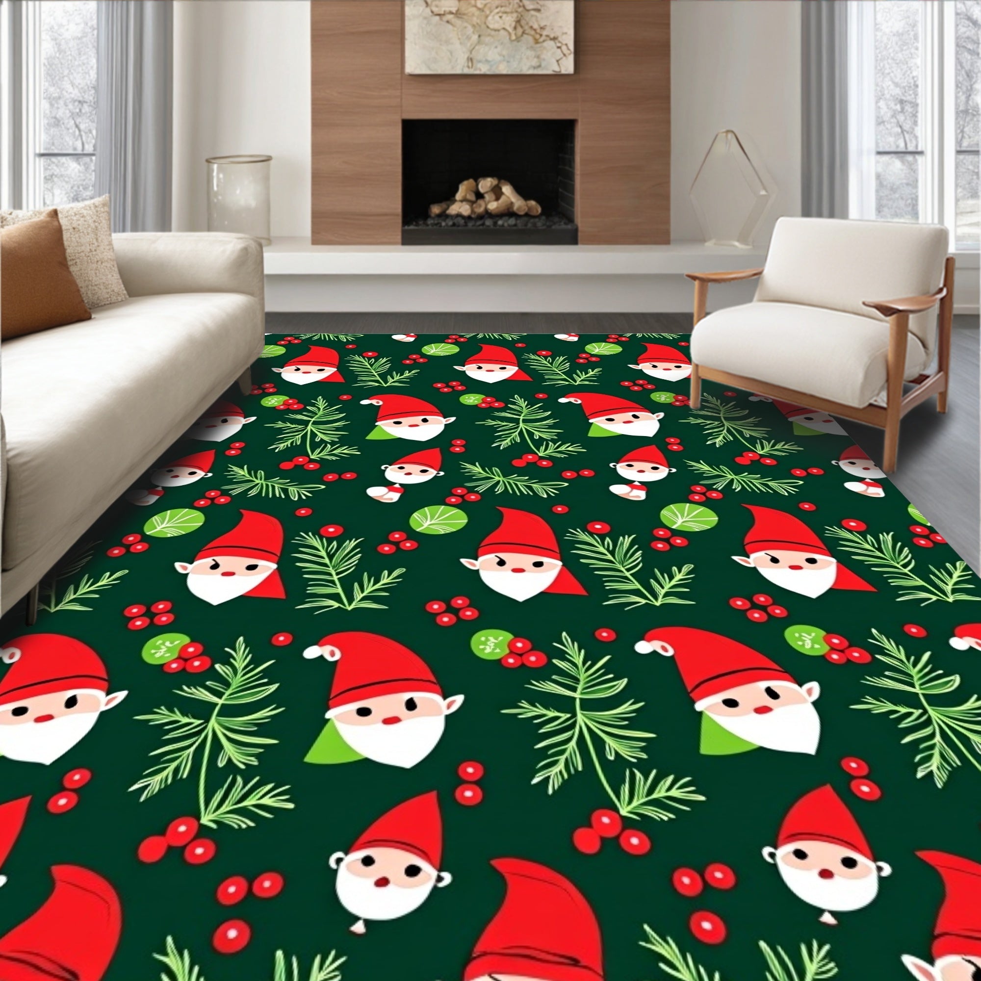 Festive Red Gnome Evergreen Berries Repeat Rug