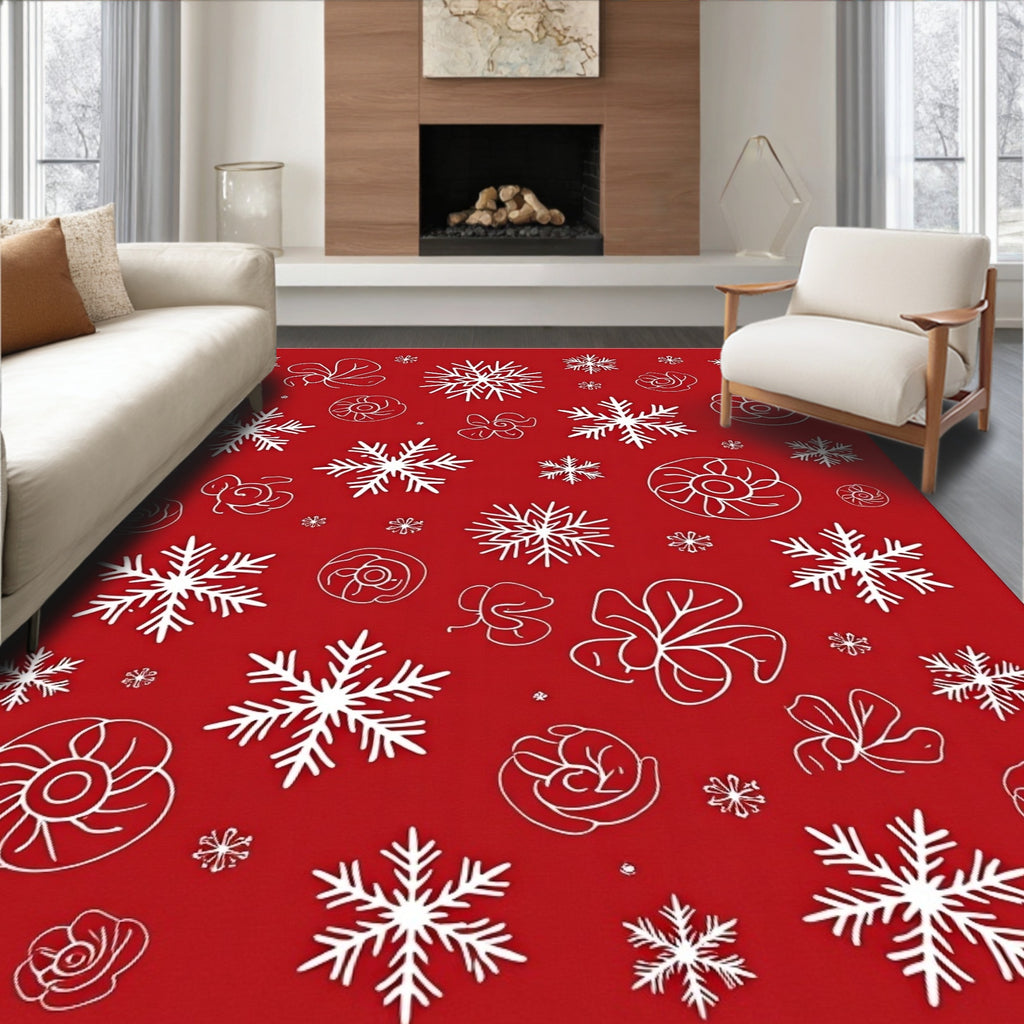 Crimson White Snowflake Floral Cluster Rug