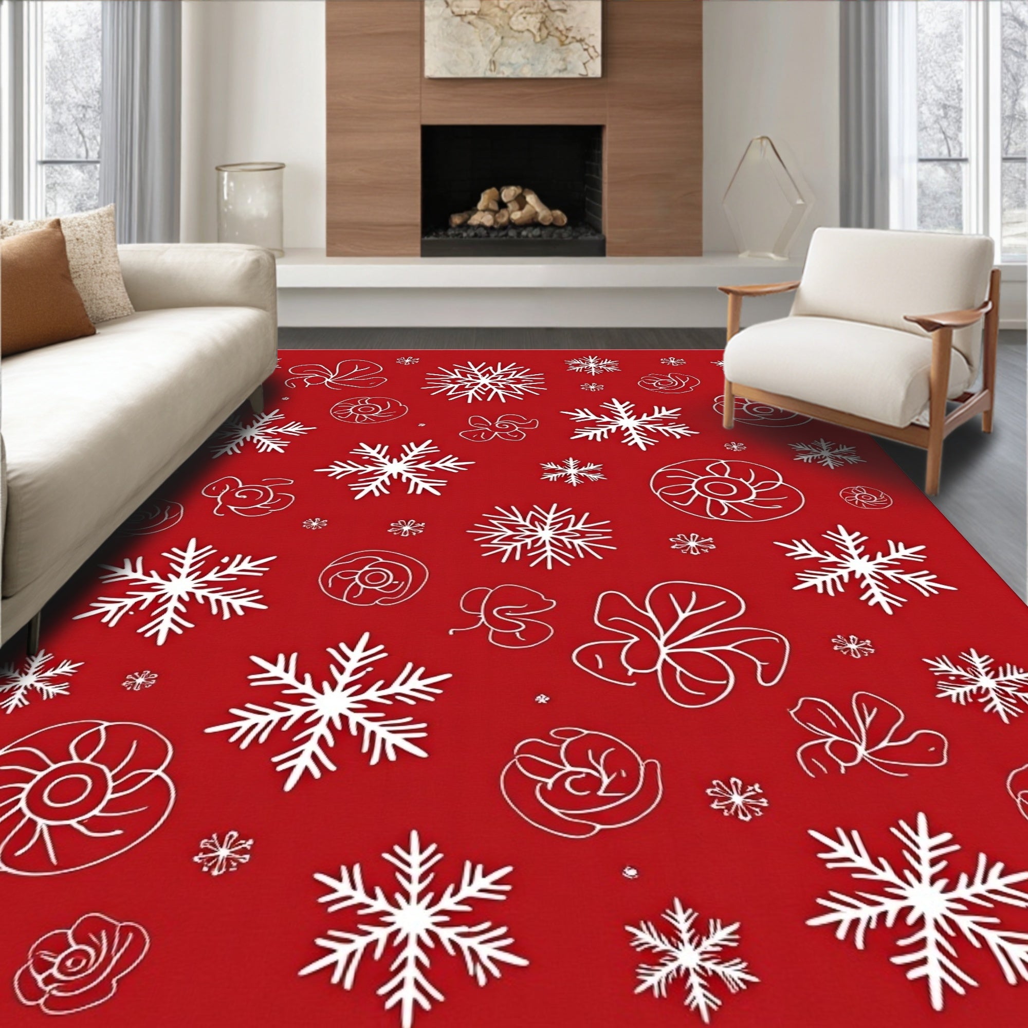 Crimson White Snowflake Floral Cluster Rug