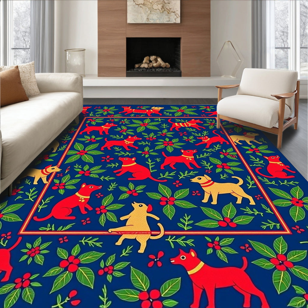 Red and Yellow Dog Floral Border Rug