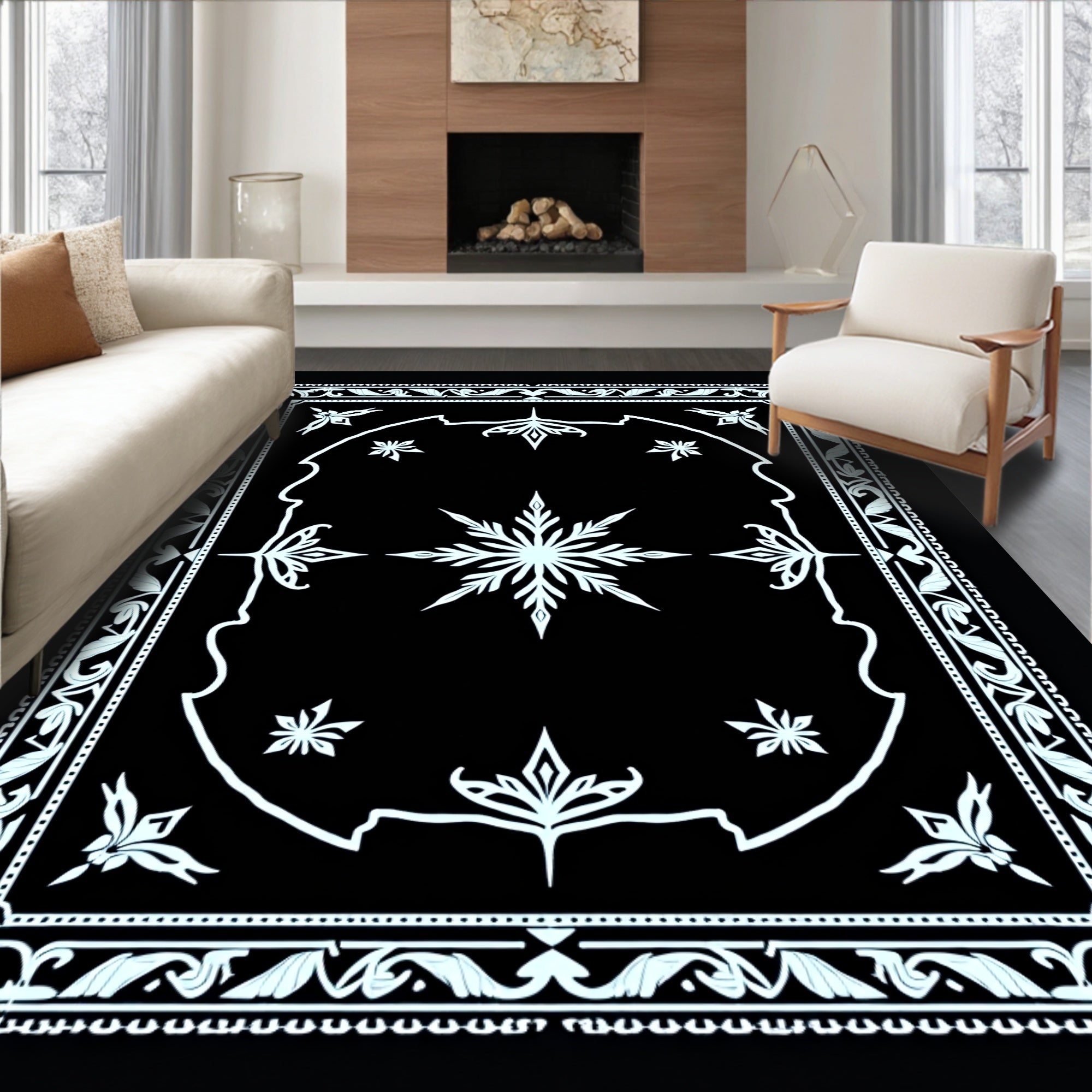 Nordic Snowflake Bordered Geometric Medallion Rug
