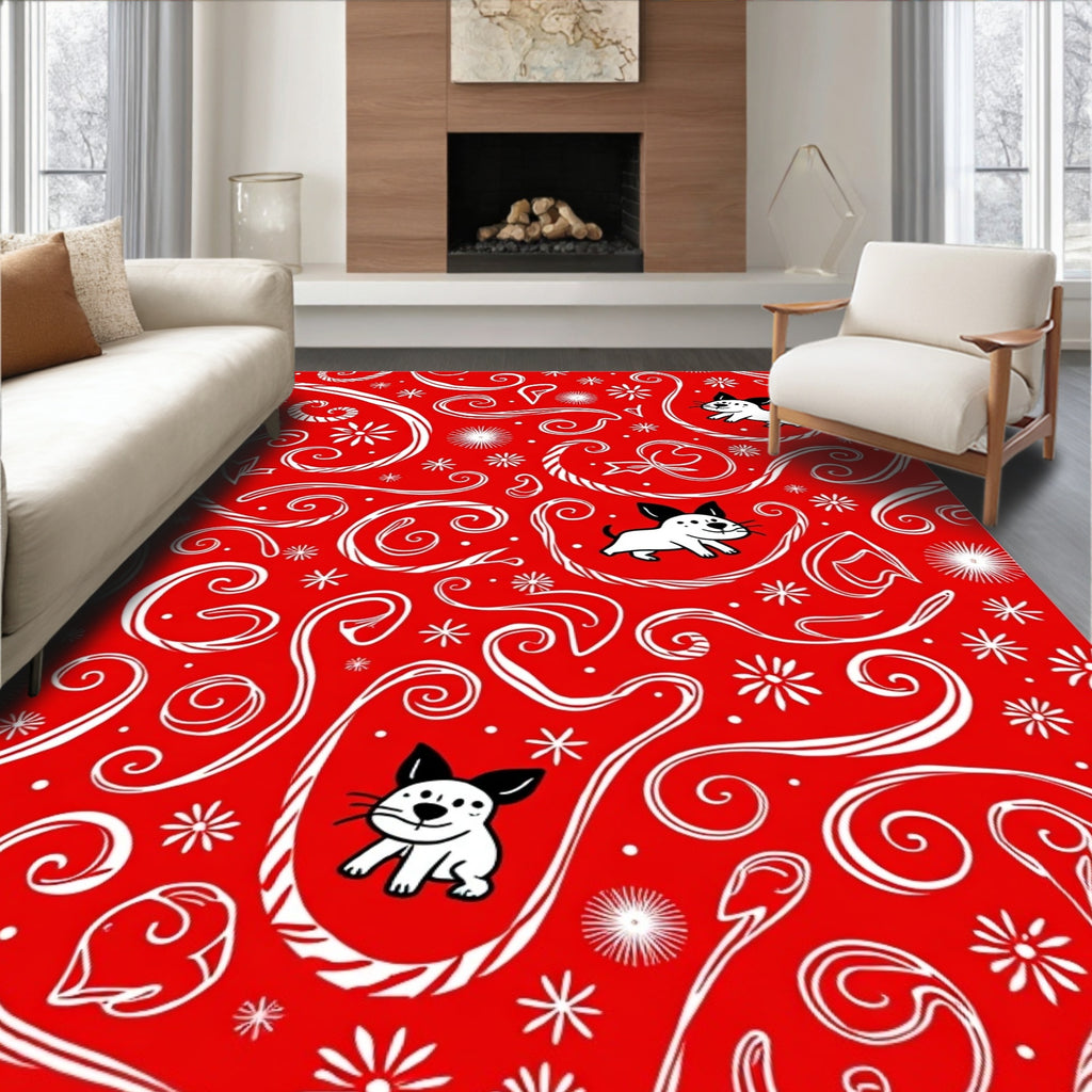 Holiday Red White Puppy Swirls Rug