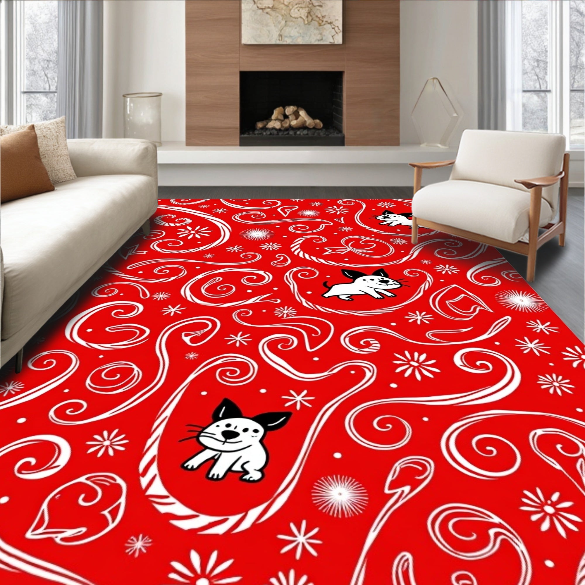 Holiday Red White Puppy Swirls Rug