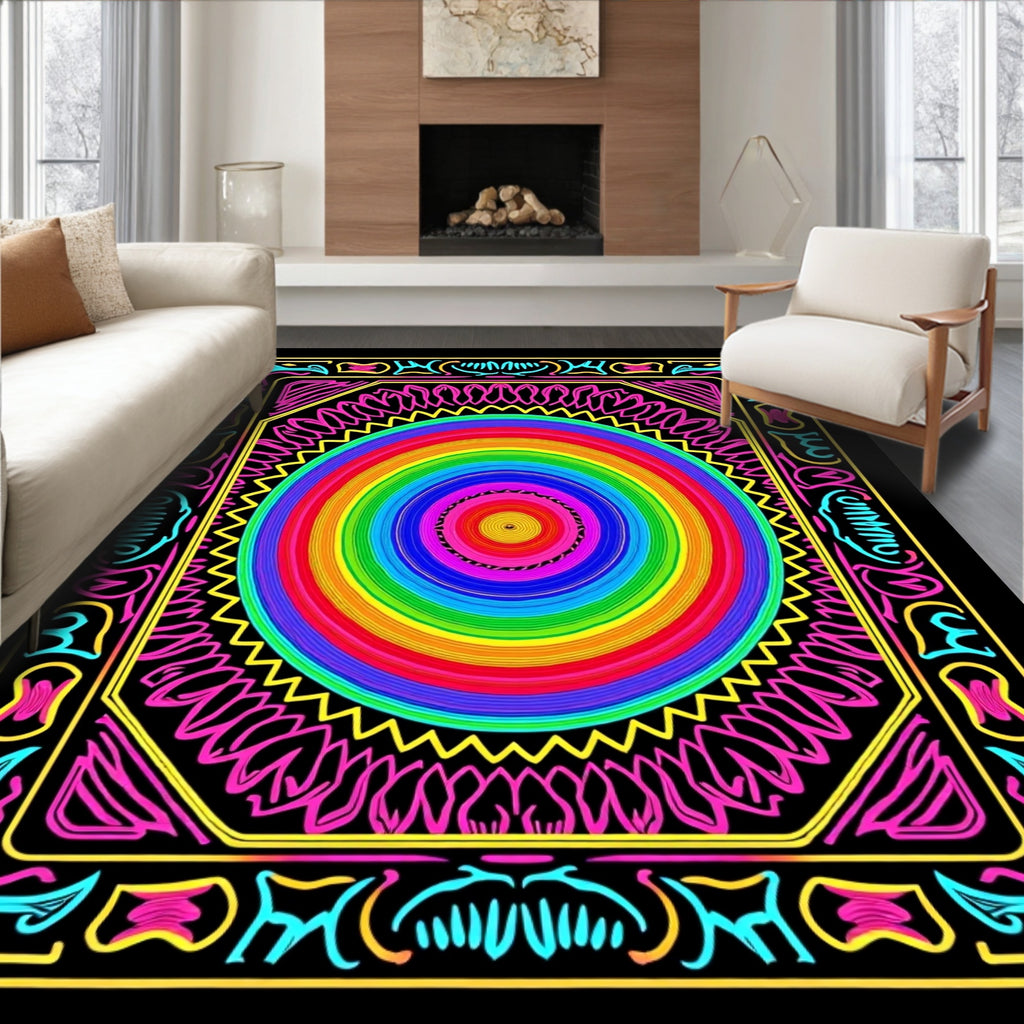 Vibrant Rainbow Concentric Circles Frame Rug