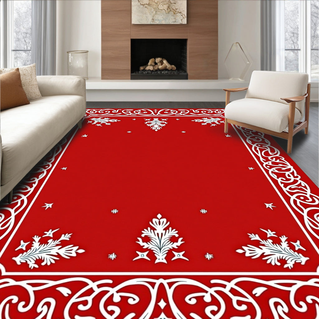 Red White Ornate Floral Border Rug