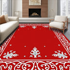 Red White Ornate Floral Border Rug