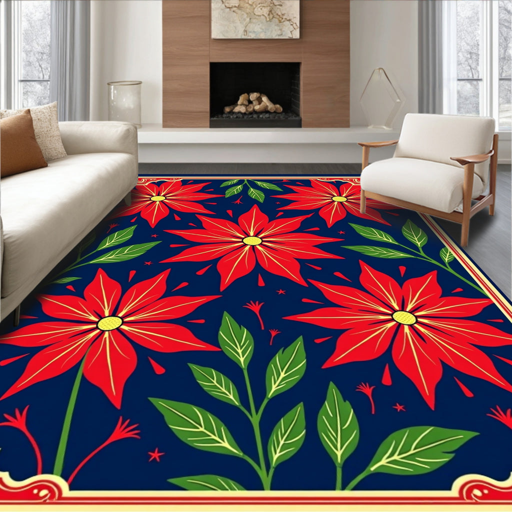 Red Poinsettia Floral Navy Garden Rug