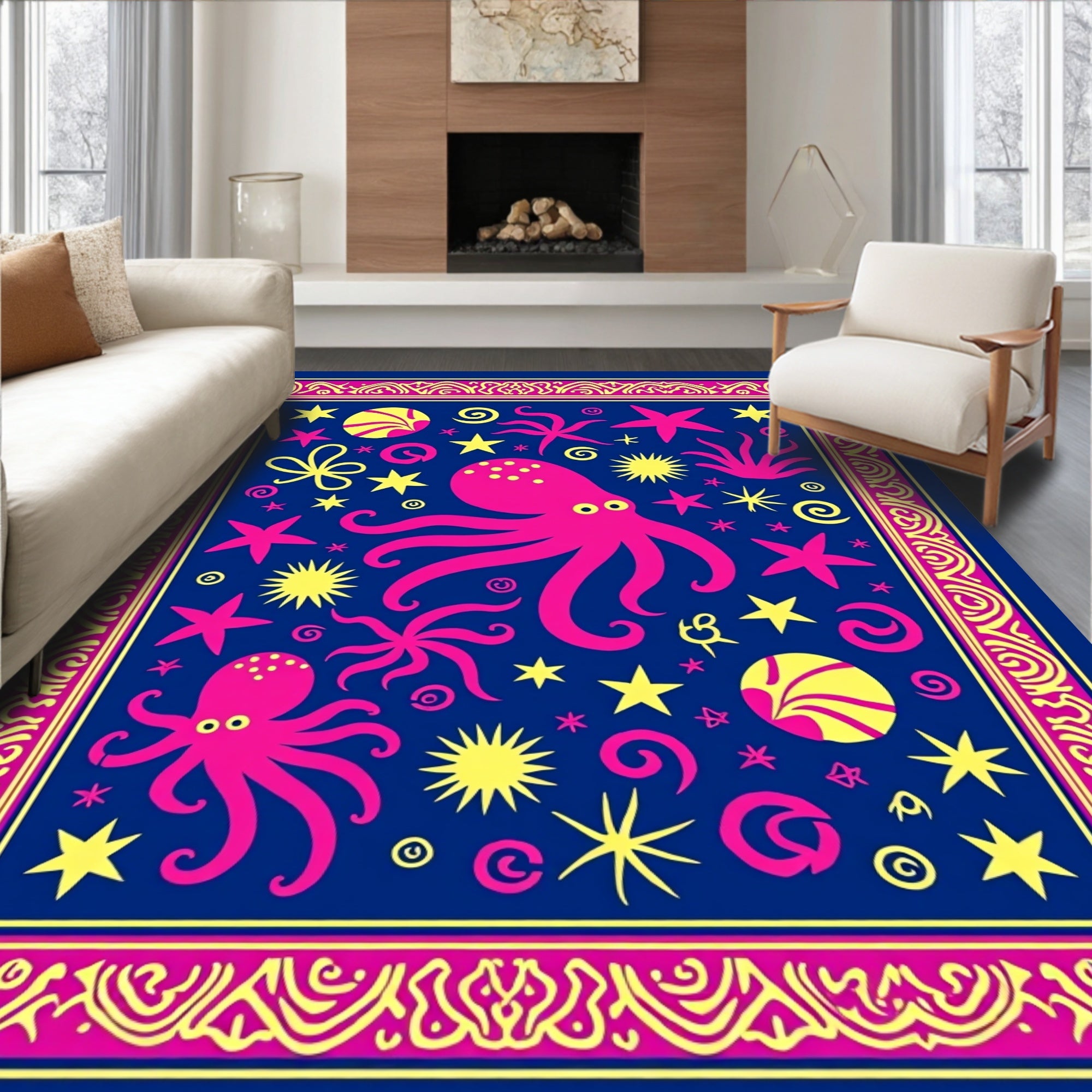 Bright Pink Octopus Bordered Navy Fabric Rug