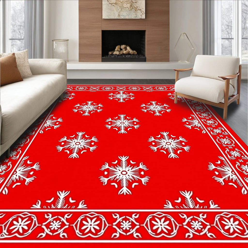 Vibrant Red Snowflake Border Rug