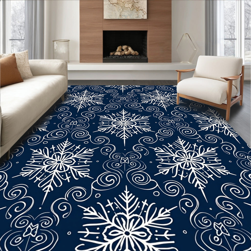 Navy Blue White Snowflake Swirls Rug
