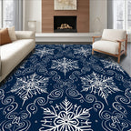 Navy Blue White Snowflake Swirls Rug