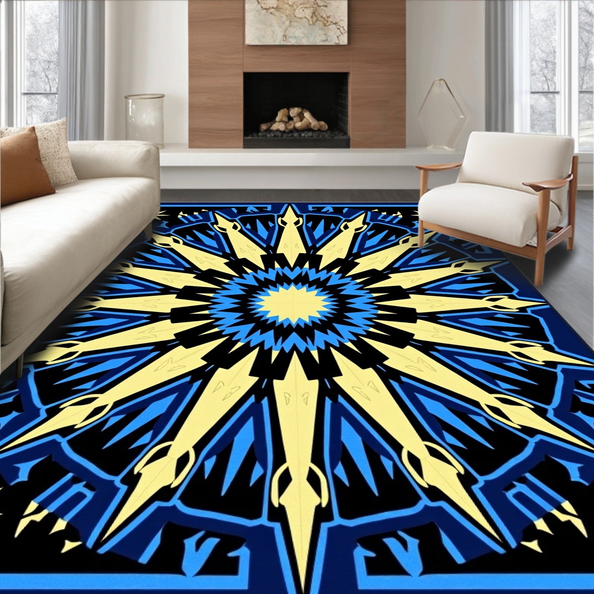 Radiant Blue Golden Sunburst Medallion Rug