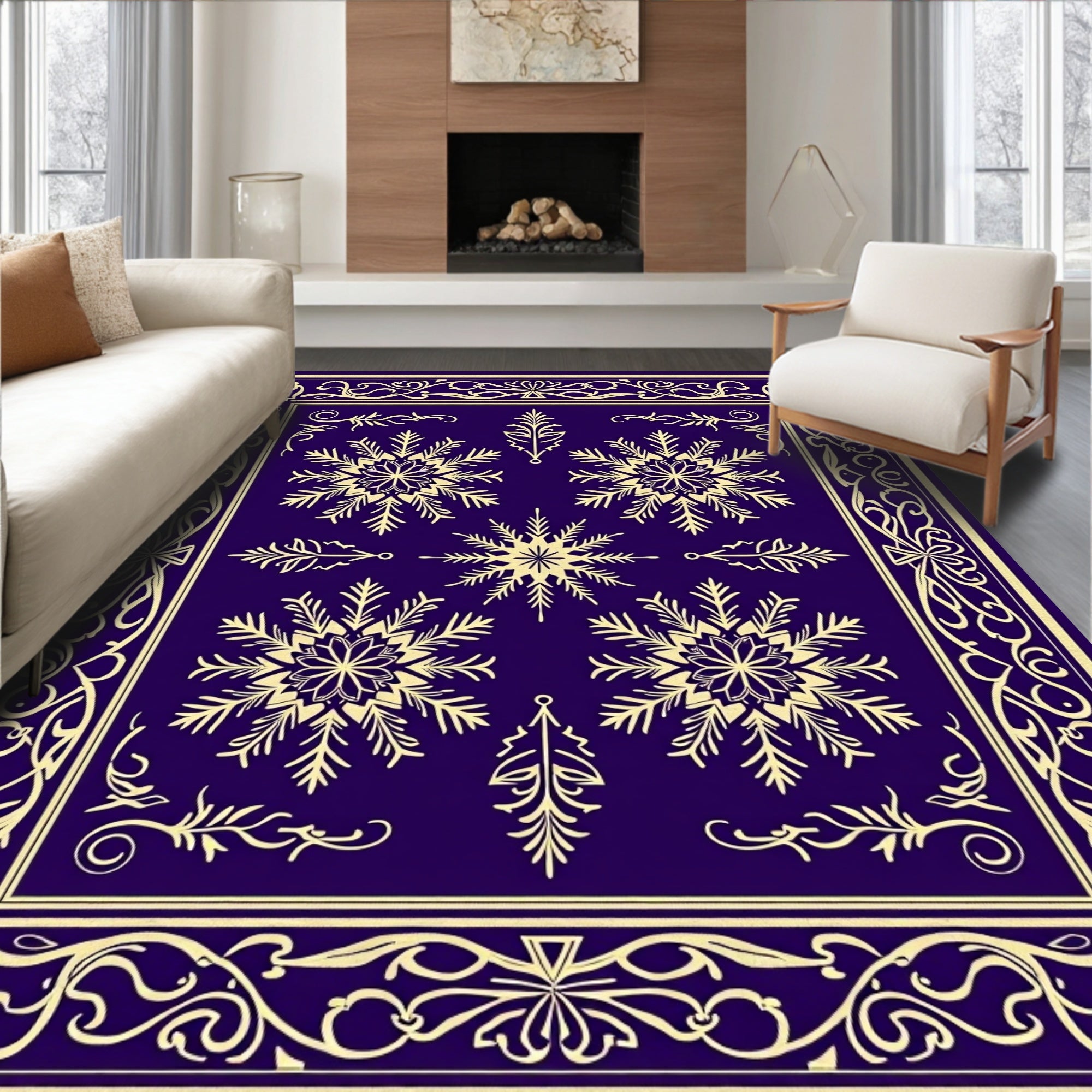 Deep Blue Snowflake Border Medallion Rug