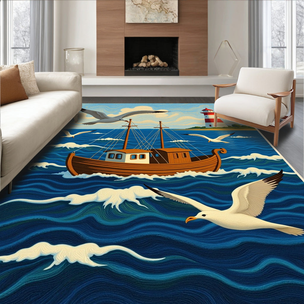 Nautical Scene With Seagulls Lighthouse Ship Rug