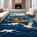 Nautical Scene With Seagulls Lighthouse Ship Rug