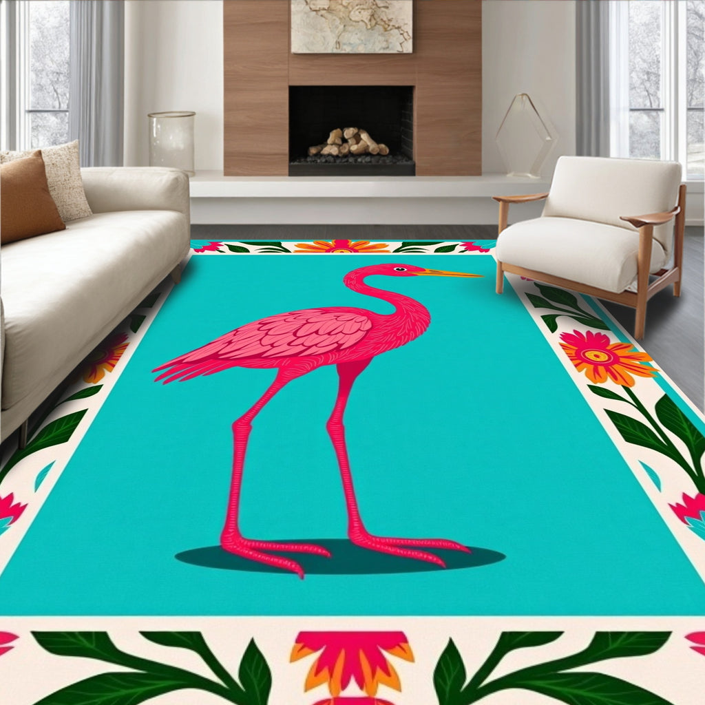 Vibrant Pink Flamingo Tropical Floral Border Rug