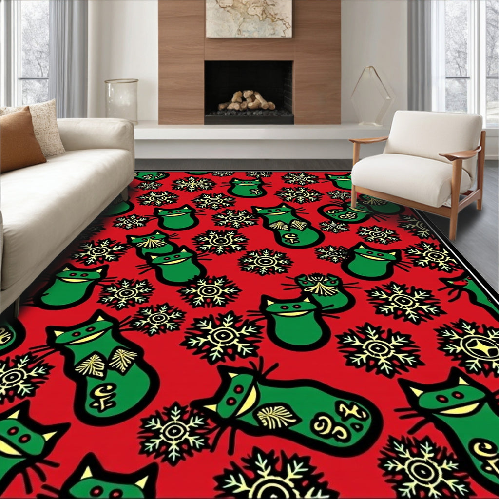 Whimsical Green Cats Yellow Snowflakes Rug