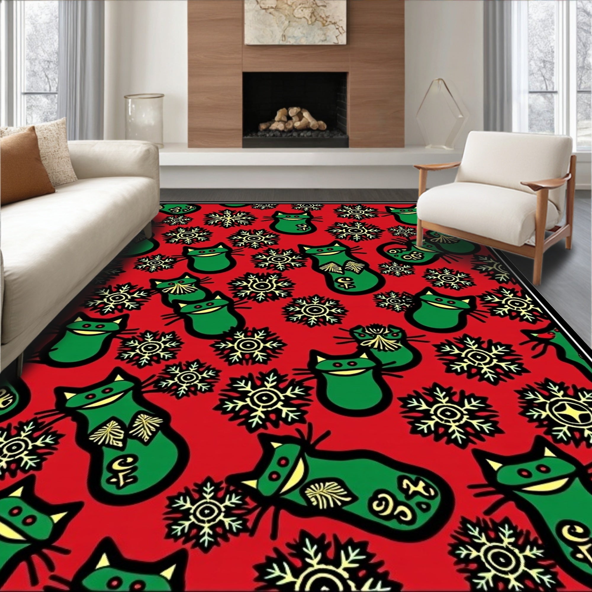 Whimsical Green Cats Yellow Snowflakes Rug