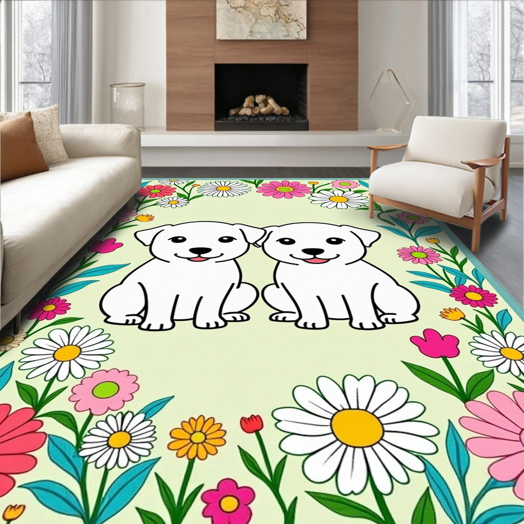 Two White Puppies Floral Border Rug