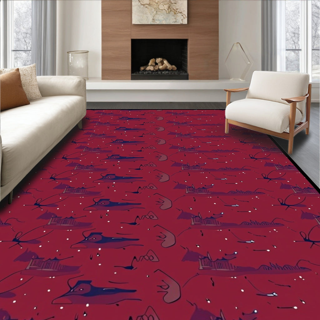 Crimson Abstract Village And Insect Rug