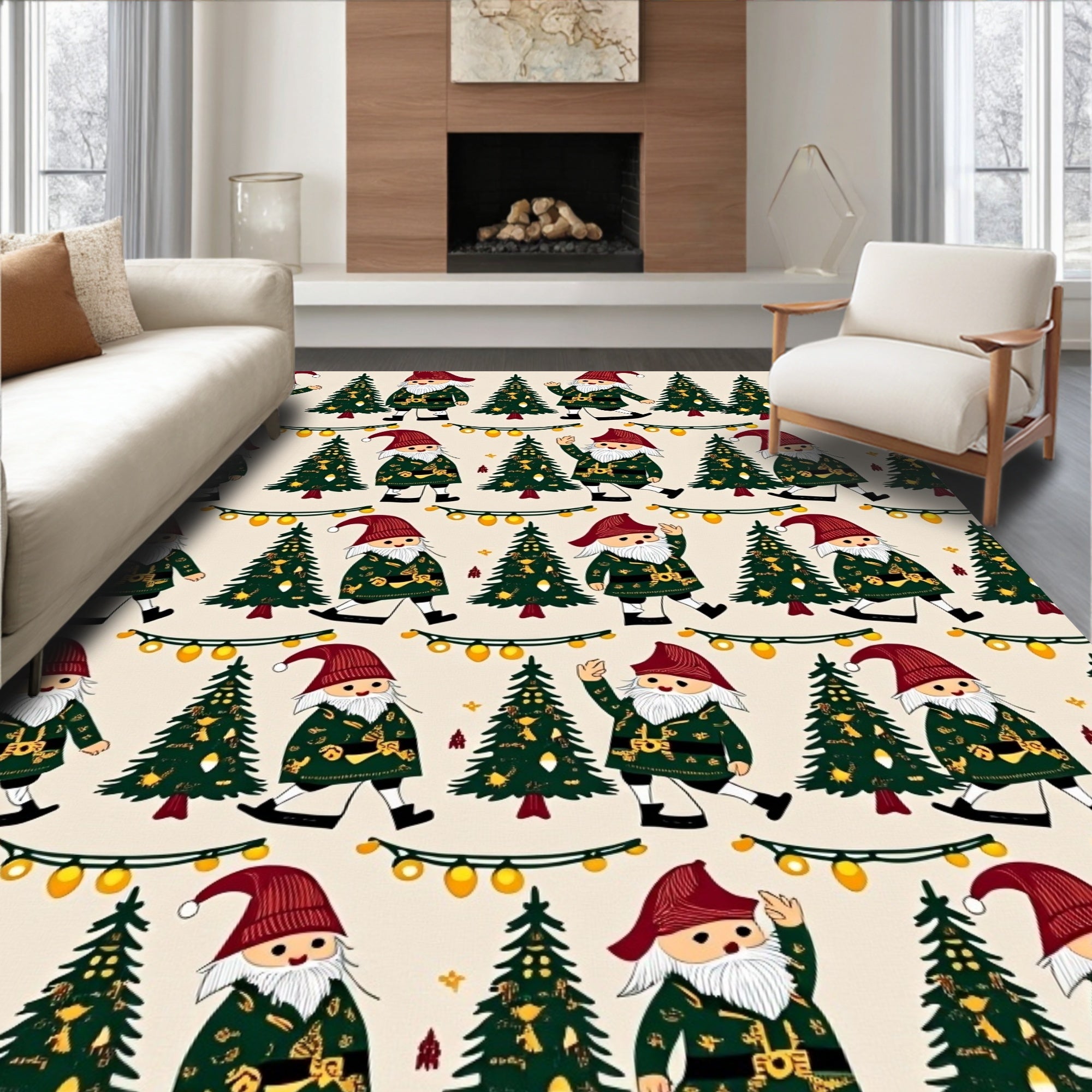 Festive Gnome And Christmas Tree Repeat Rug