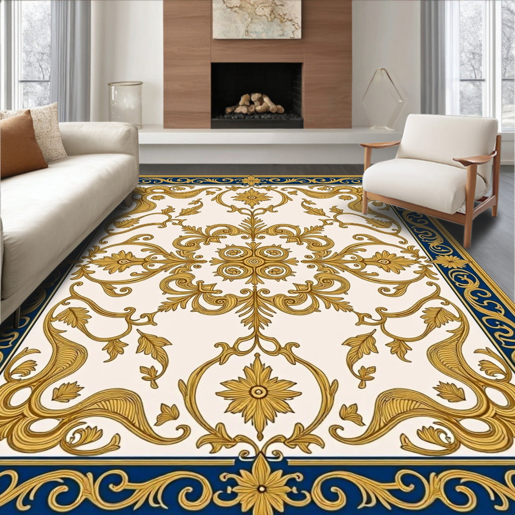Golden Royal Blue Baroque Scroll Rug