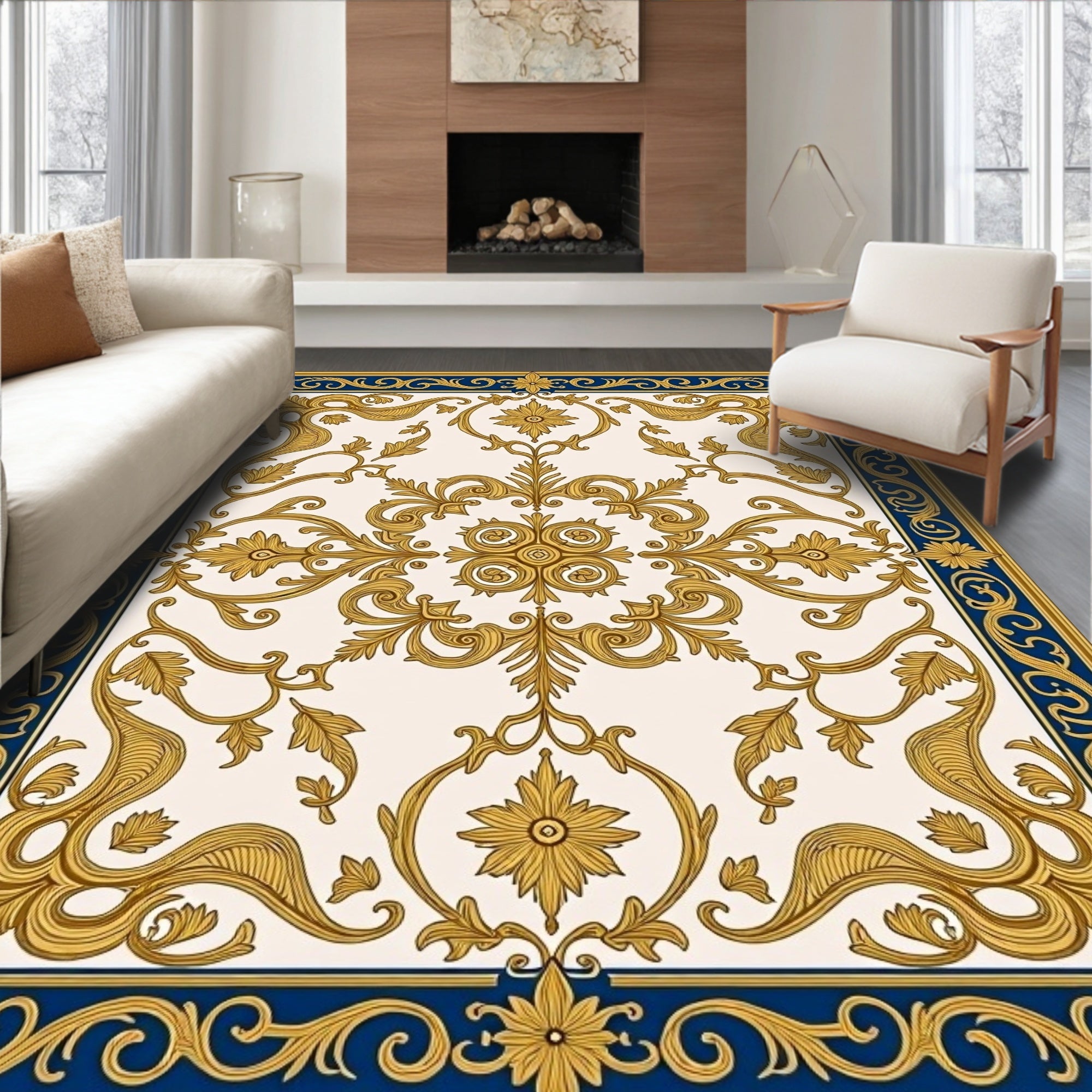 Golden Royal Blue Baroque Scroll Rug