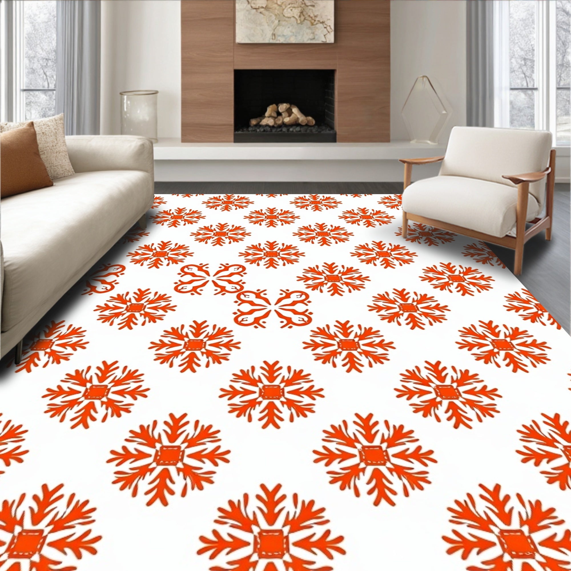 Vibrant Orange Snowflake Repeat Graphic Rug