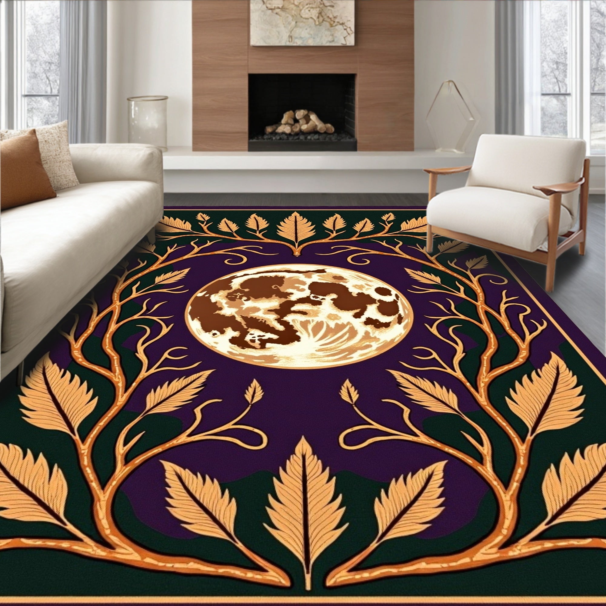 Elegant Celestial Moon Leaf Framing Rug