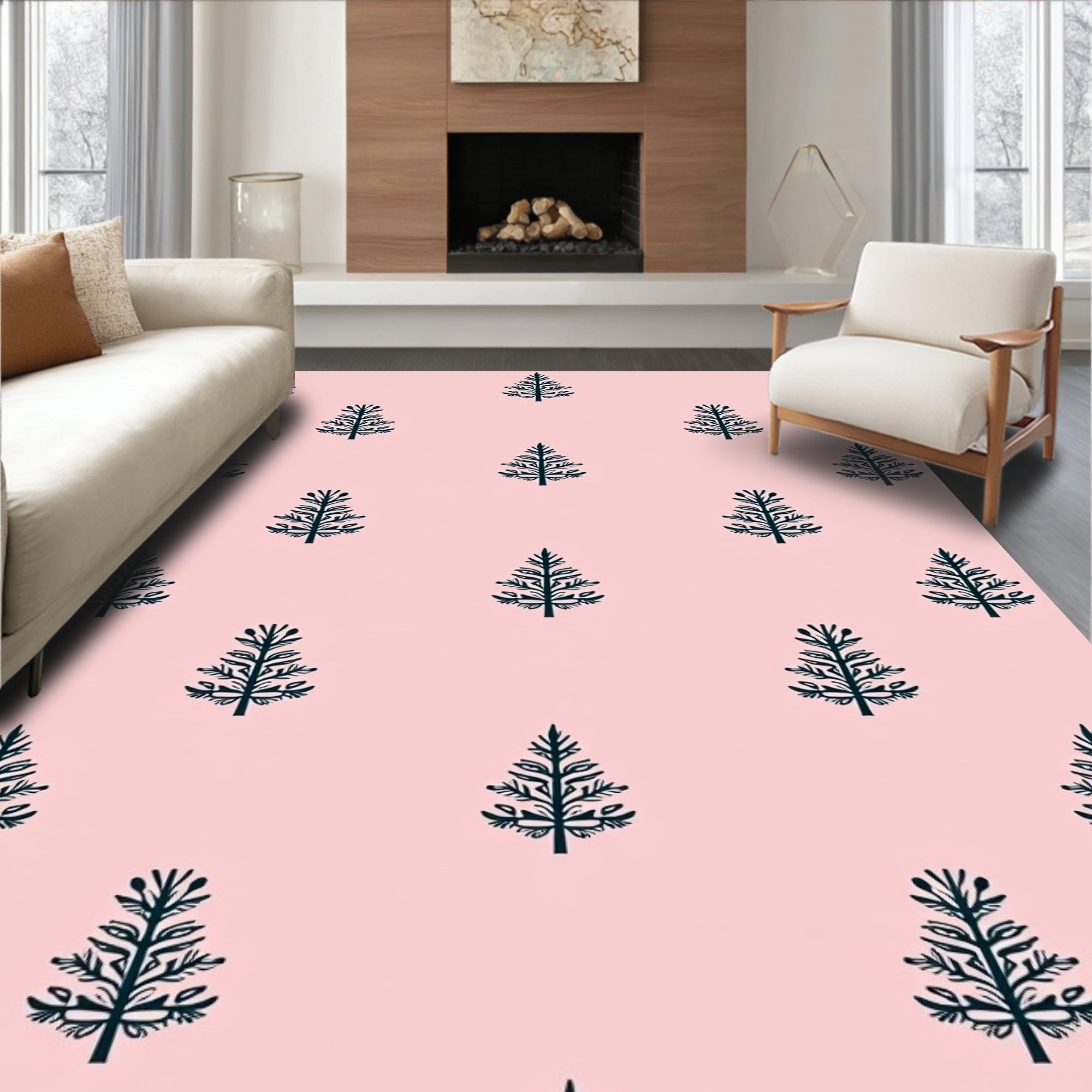 Navy Pine Trees on Pink Background Rug