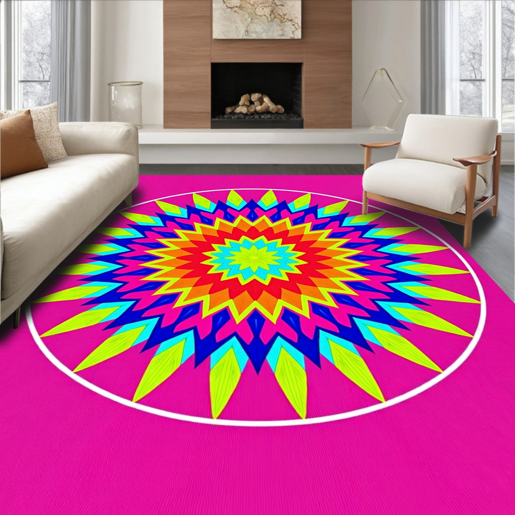 Vibrant Rainbow Sunburst Mandala Rug