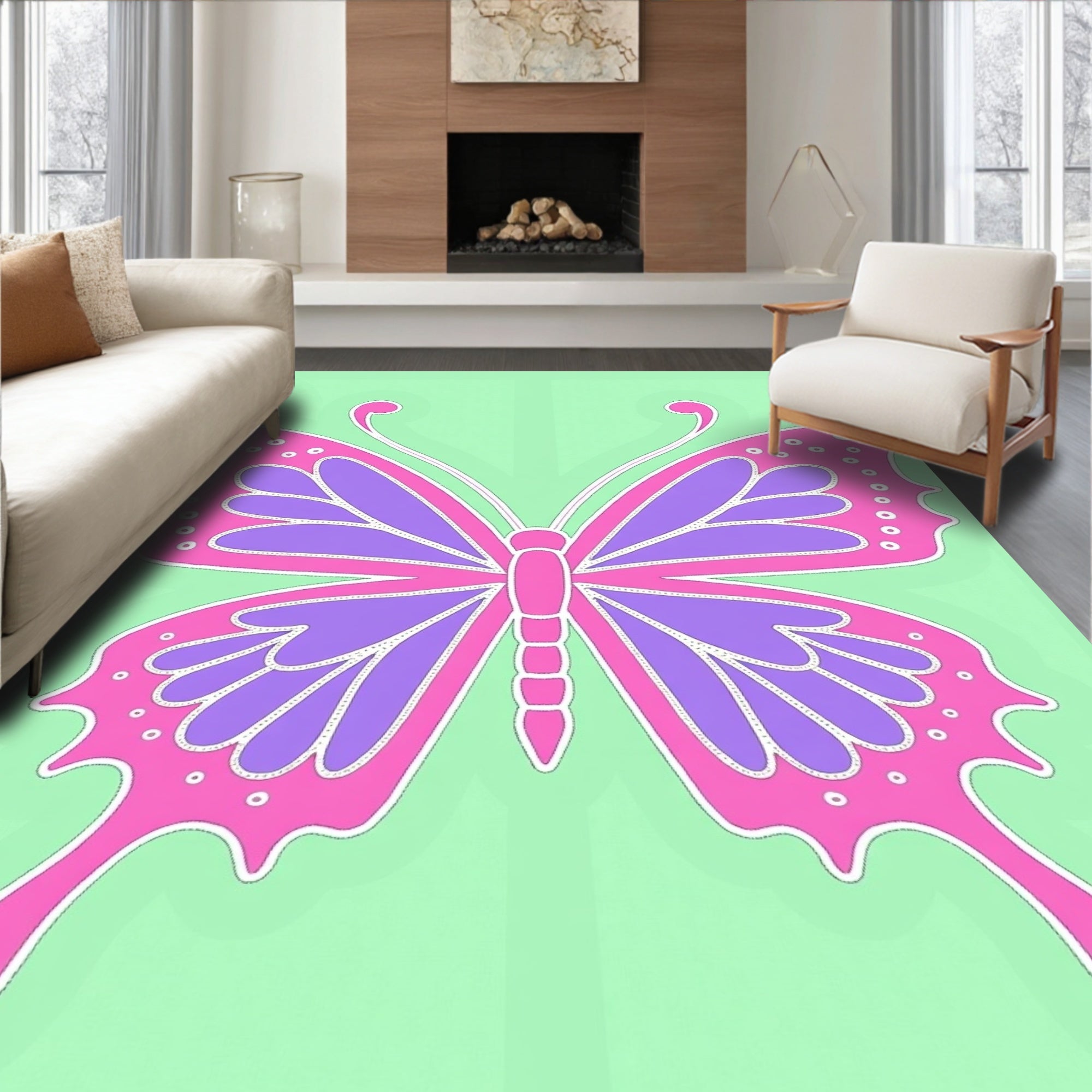 Pink Purple Butterfly Garden Rug